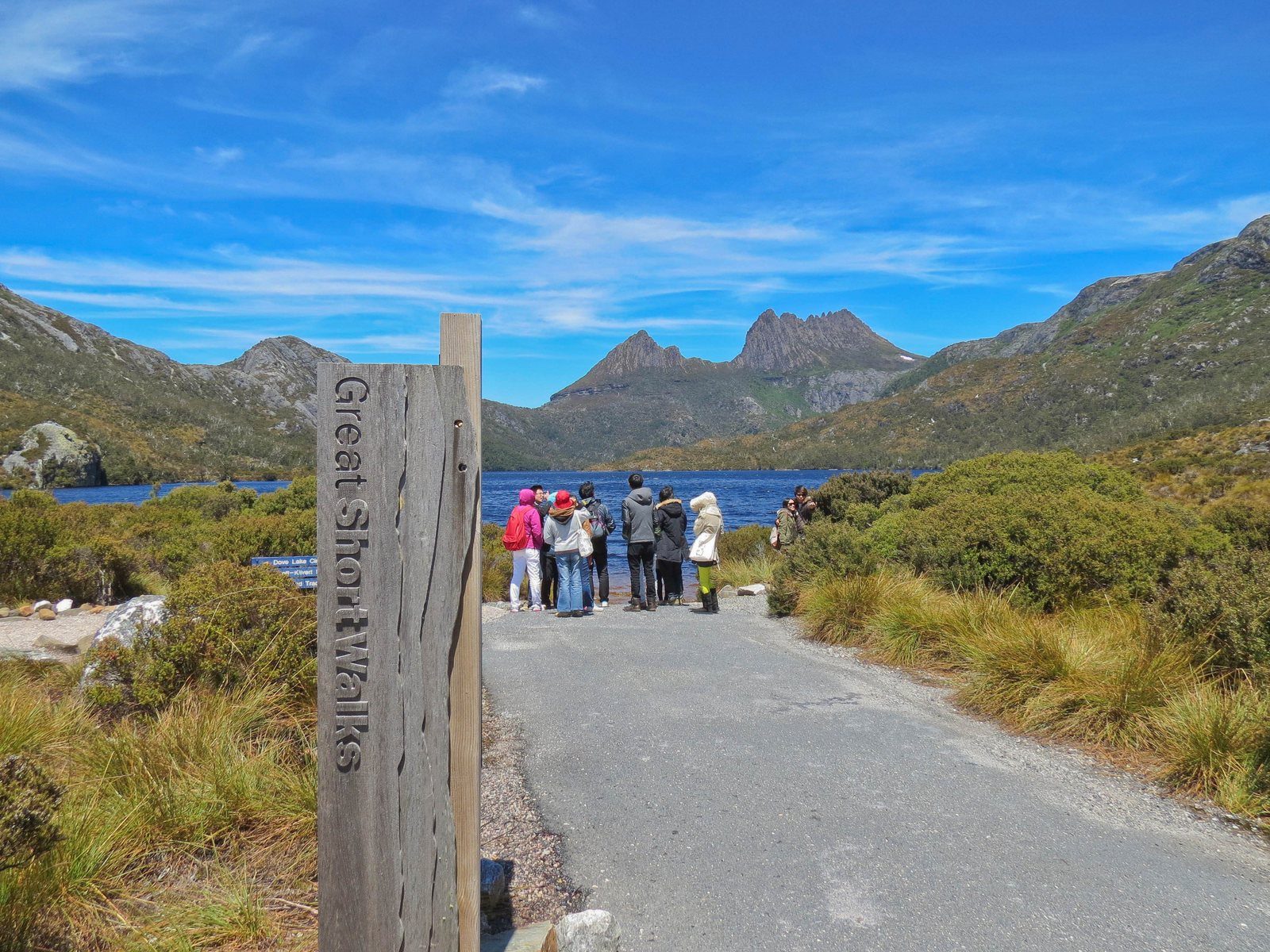 Walkers on the track to Dove Lake with Cradle Mountain ahead