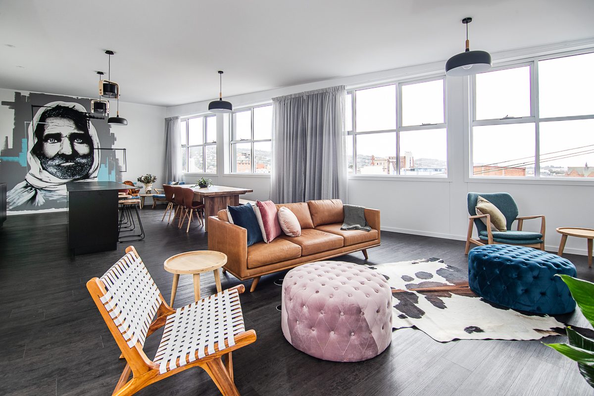 The light-filled living area of a Change Overnight apartment
